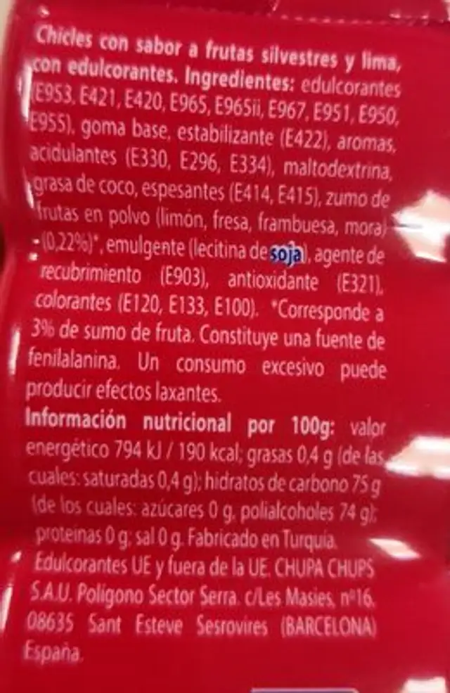 Mentos Full Fruit (sin azucar) ingredients label