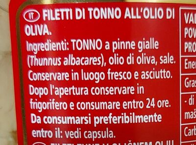 Filetti di Tonno ingredients label