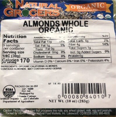 Almonds Whole Organic front packaging
