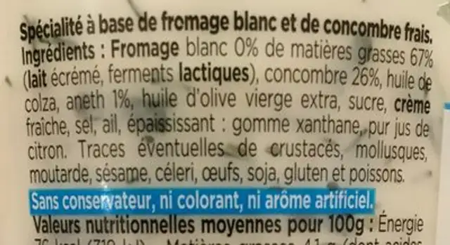 Tzatziki aux concombres frais ingredients label