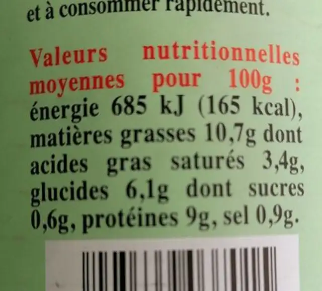 Saucisses de Toulouse nutrition facts table