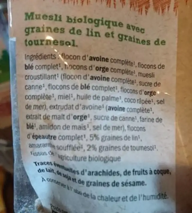 Bio muesli nature ingredients label