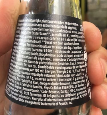 Pepsi Cola Max ingredients label