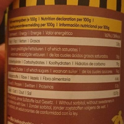 Frusano kakao nutrition facts table
