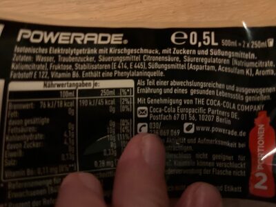 Powerade Wild Cherry ingredients label
