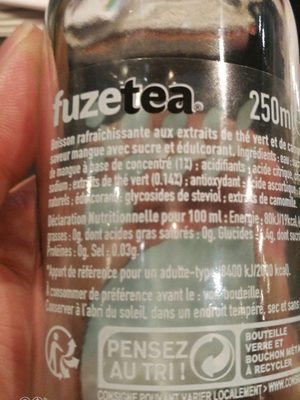 FuzeTea Thé vert glacé saveur mangue & camomille ingredients label