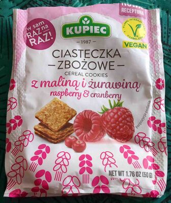 Ciasteczka zbożowe z maliną i żurawiną front packaging