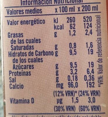 Batido de chocolate nutrition facts table