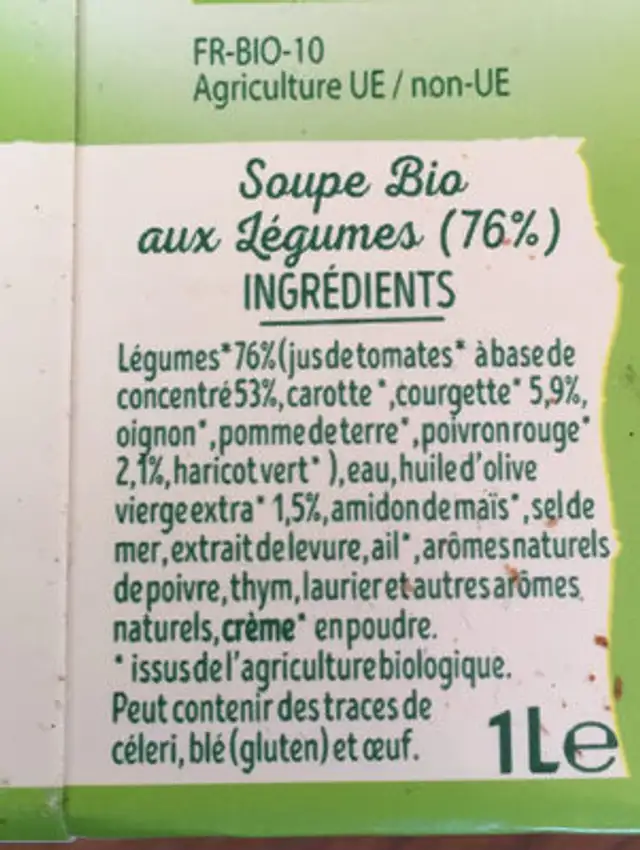 Velouté de légumes du soleil ingredients label
