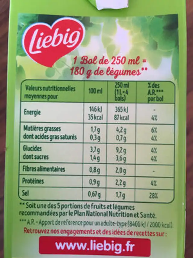 Velouté de légumes du soleil nutrition facts table