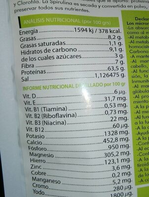 Espirulina En Comprimidos Ecologica Salud Viva nutrition facts table