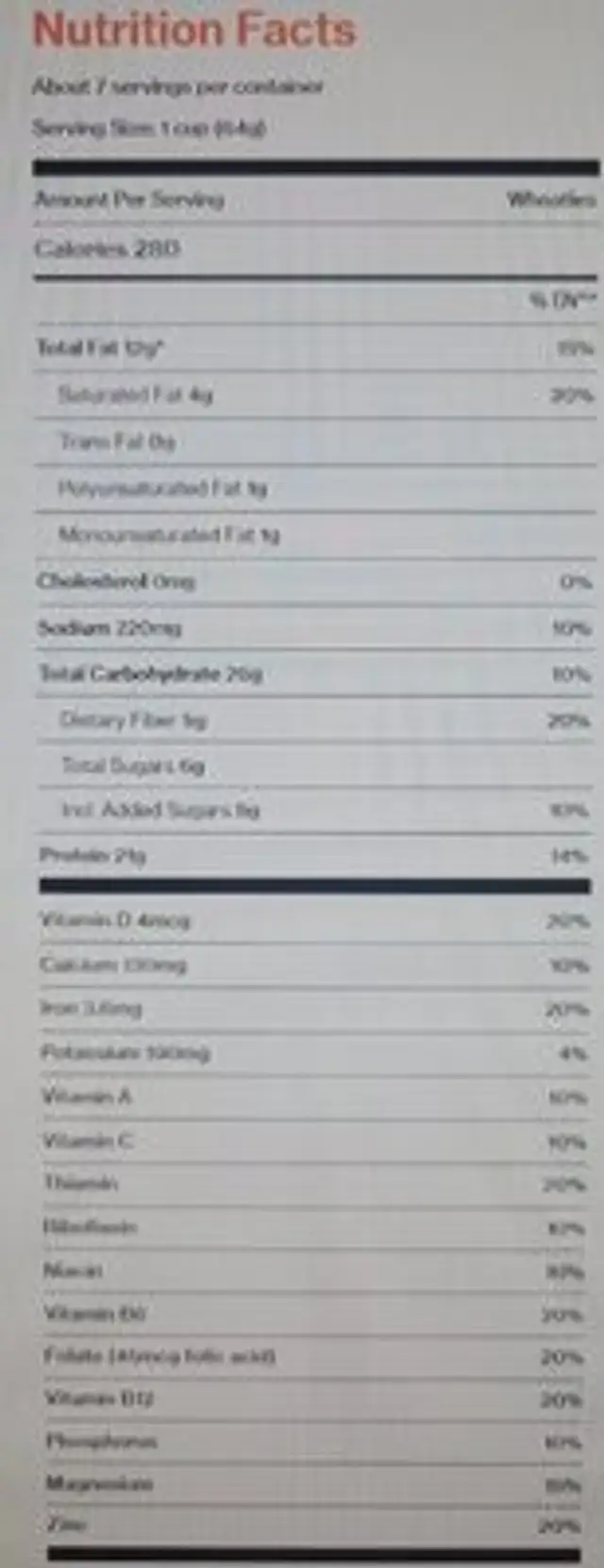 Wheaties Protein: Honey Pecan Cereal nutrition facts table