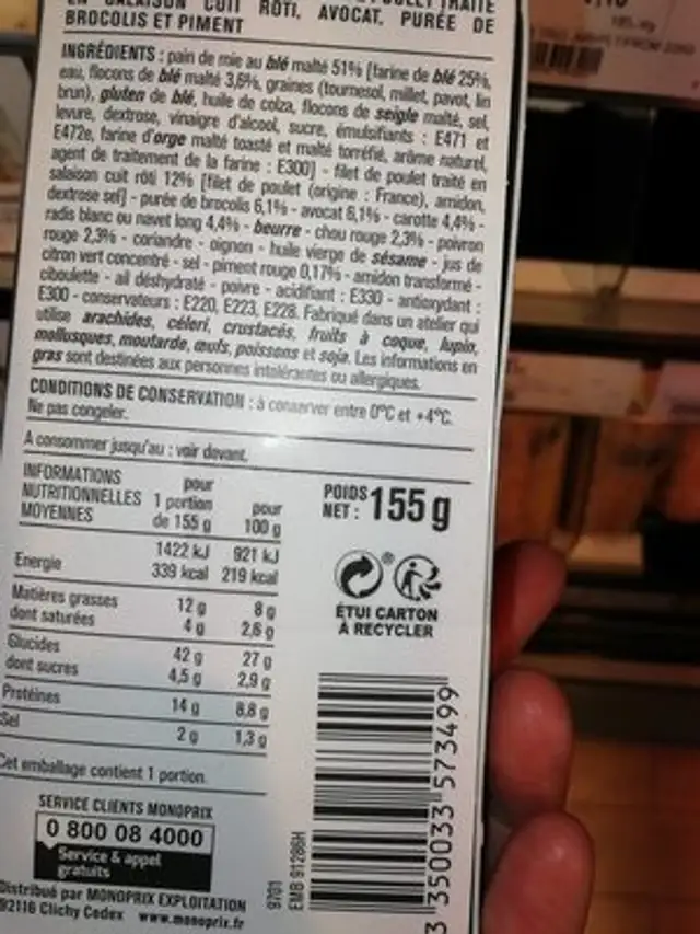 Le club poulet avocat crudités piment ingredients label