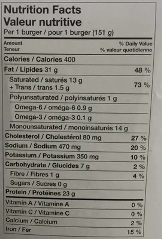 Burgers de bœuf angus nutrition facts table