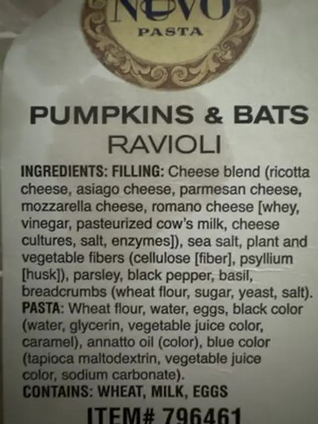 Pumpkins and Bats Cheese Ravioli ingredients label