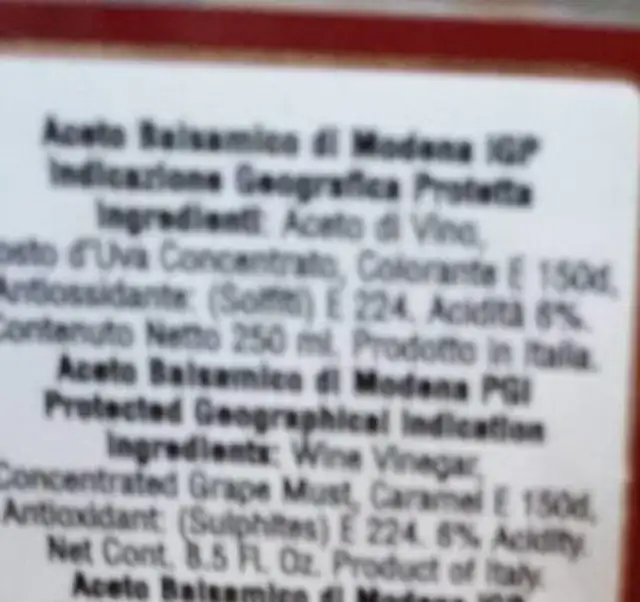Balsamic Vinegar Of Modena Gold Eagle ingredients label