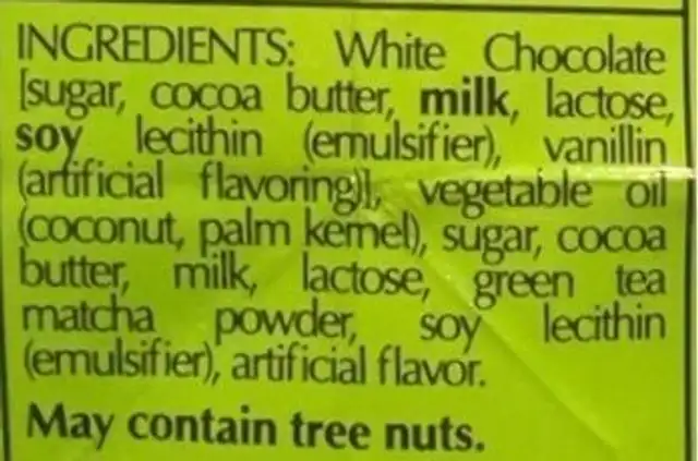 Matcha White Chocolate Truffles ingredients label