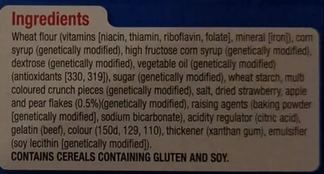 Frosted Strawberry Toaster Pastries ingredients label