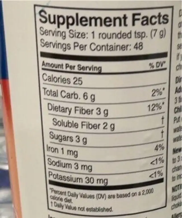 Fiber powder, psyllium husk nutrition facts table