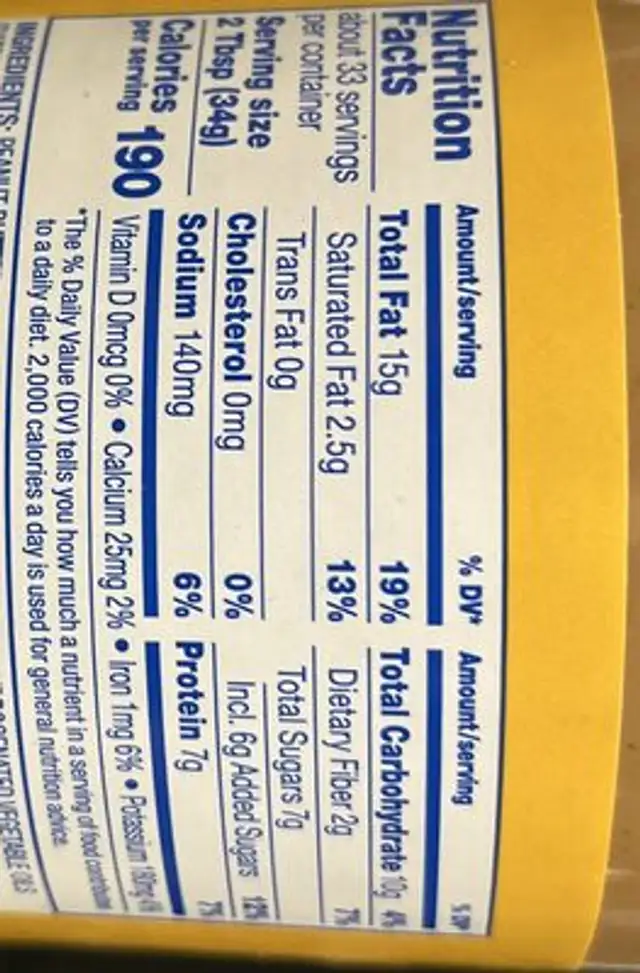 Honey Creamy Peanut Butter nutrition facts table