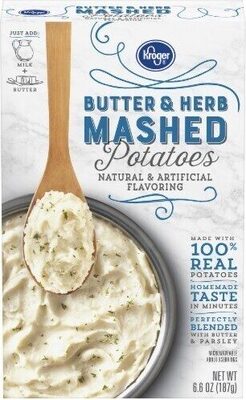 Butter & herb instant mashed potatoes front packaging