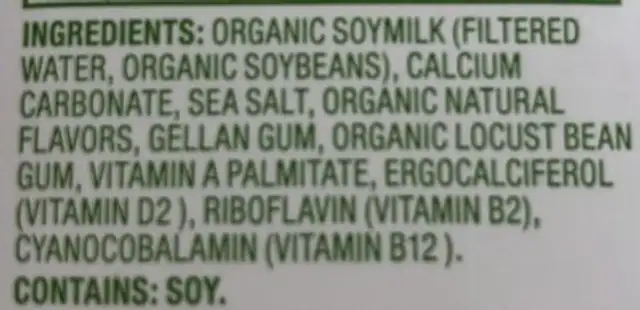 Unsweetened Soy Milk ingredients label