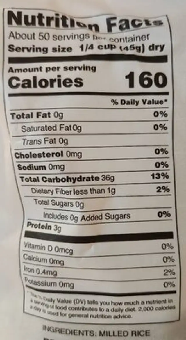 Calrose Rice nutrition facts table