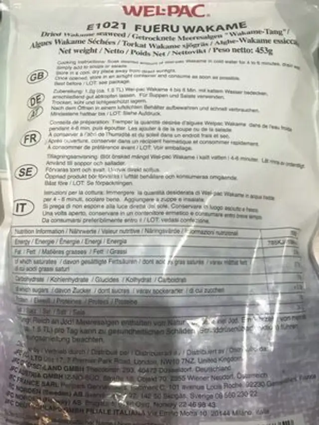 Algues Sechées 453G ingredients label