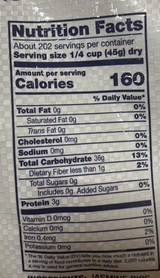 Jasmine Rice nutrition facts table