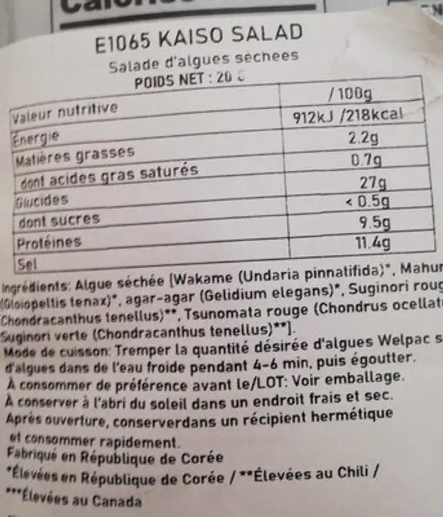 Seaweed Salad Mix 20G nutrition facts table