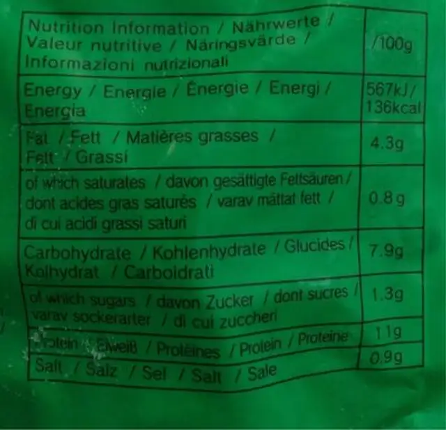 Edamame nutrition facts table