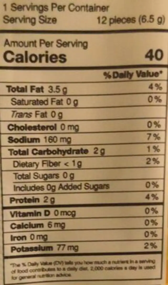 Seasoned Roasted Seaweed nutrition facts table