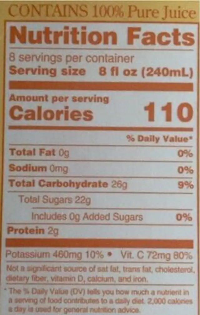 Orange Juice nutrition facts table