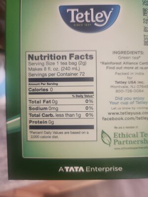 Green Tea nutrition facts table
