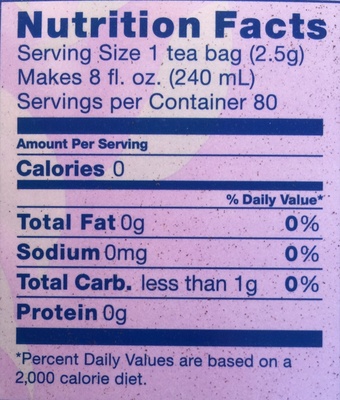 Premium black tea nutrition facts table