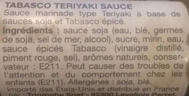 Teriyaki Sauce ingredients label