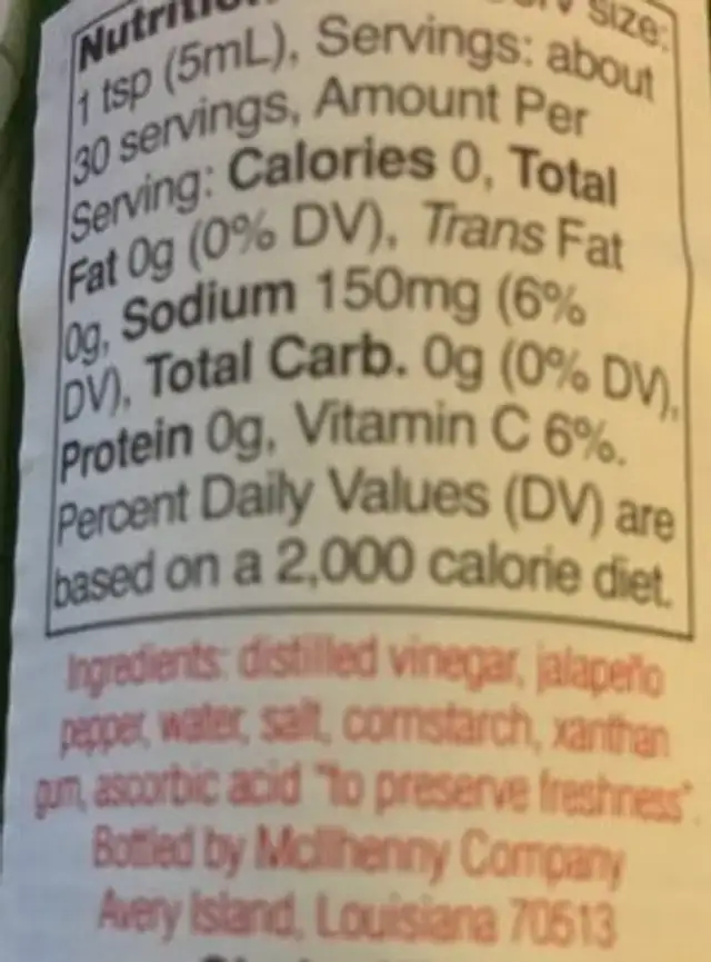 Green Pepper Sauce ingredients label