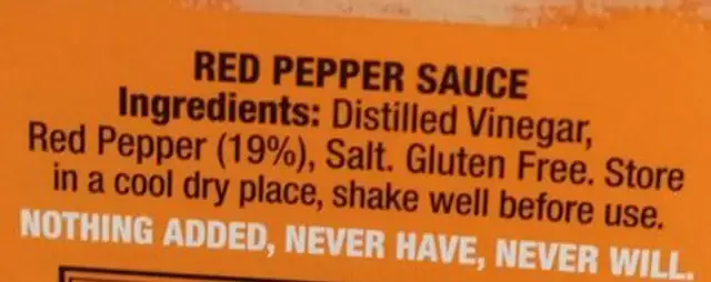 Mcilhenny Co. Tabasco ingredients label