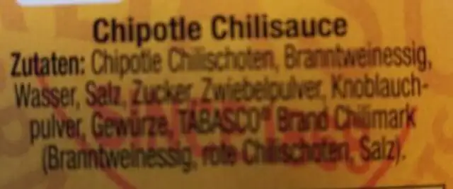 Tabasco ingredients label