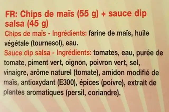 Nacho to go + salsa dip ingredients label