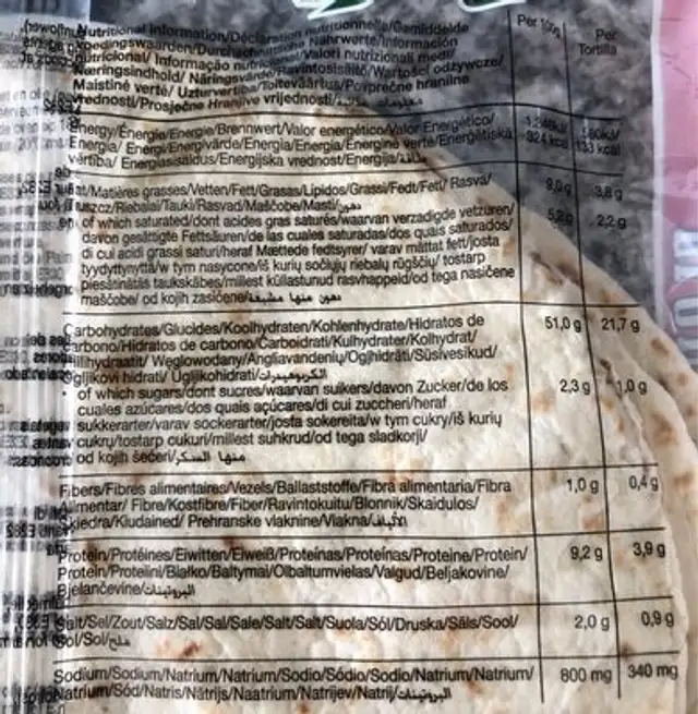 Cantina Mexicana Flour Tortillas 8'S nutrition facts table