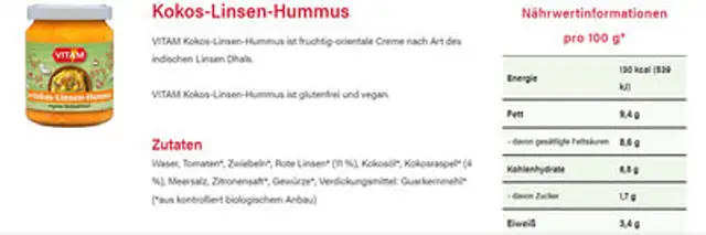 Vitam, humus coco et lentilles ingredients label