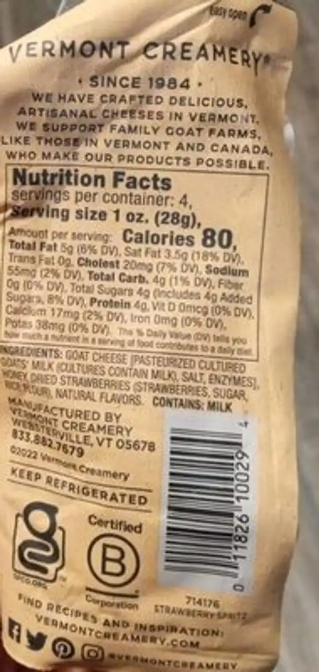 Goat cheese nutrition facts table