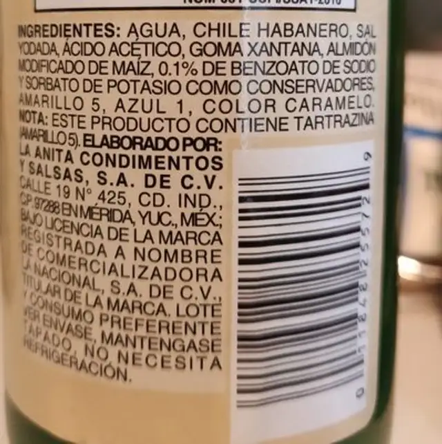 La Anita Habanero Green Pepper Sauce 7. ingredients label