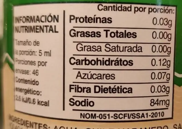 La Anita Habanero Green Pepper Sauce 7. nutrition facts table
