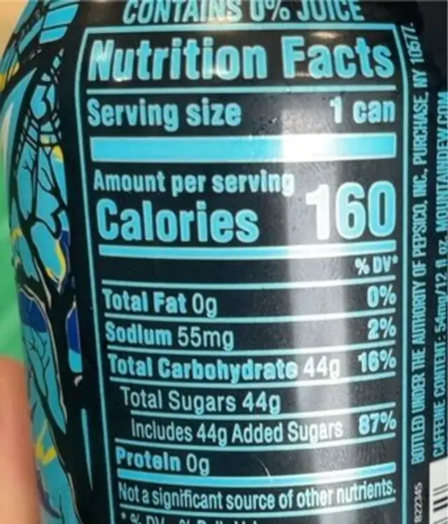 Mountain Dew VooDew nutrition facts table