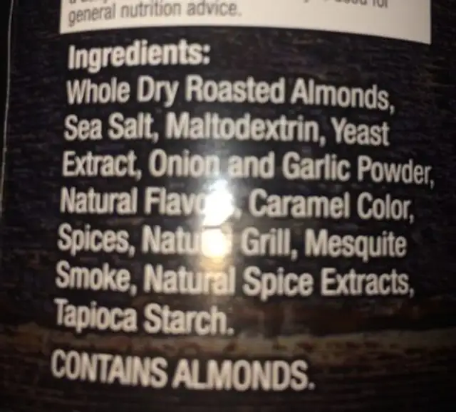 Mesquite smoked almonds ingredients label