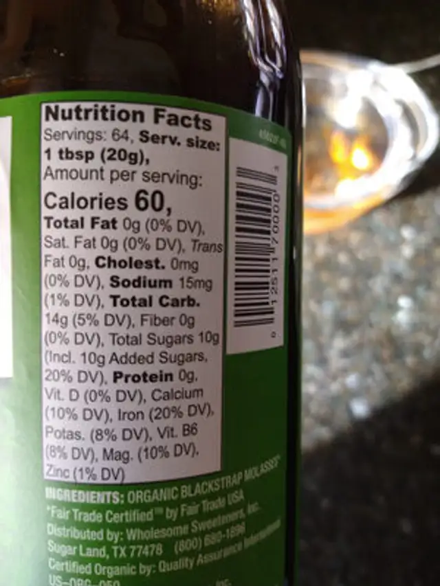 Unsulphured Organic Molasses nutrition facts table