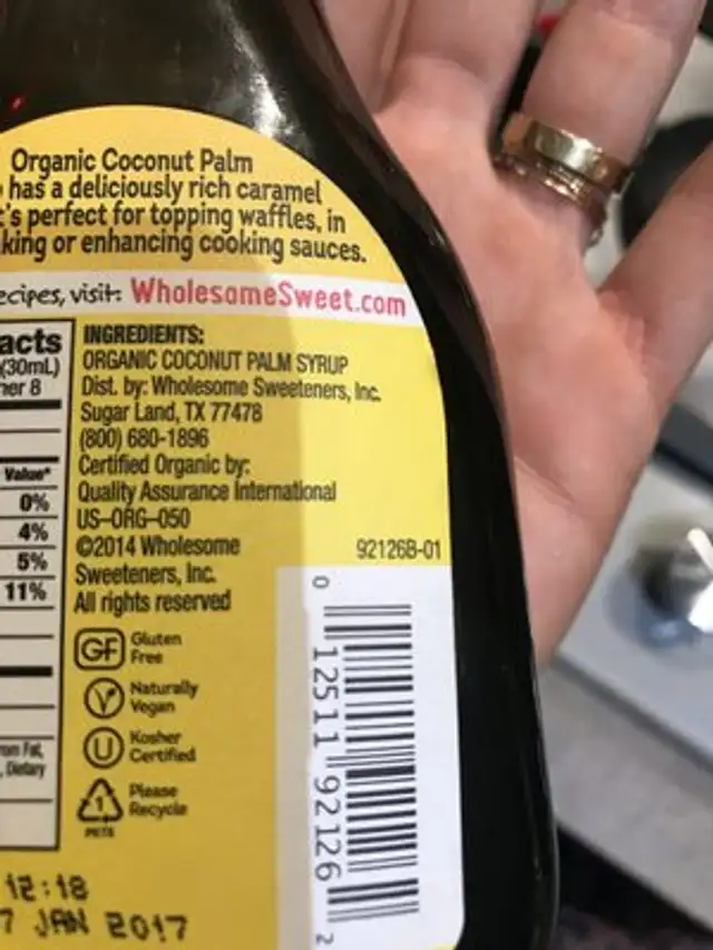 Wholesome! Organic Coconut Palm Syrup ingredients label