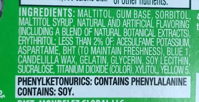 Dentyne pure gum mint/melon accents sugar free1x9 pc ingredients label
